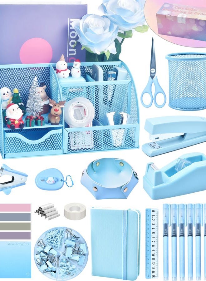 LXEVIHK Blue Desk Accessory, Office Supplies, Desk Organizer with Tape Dispenser, Stapler, Staple Remover and More, Elevate Your Workspace with Sky Blue Tranquility - Image 1