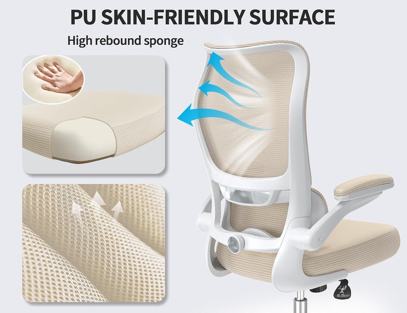 TRALT Ergonomic Office Chair - Desk Chair with Wave High Back Adjustable Lumbar Support Computer Chair - Gaming Chairs Mesh Backrest and PU Leather Seat for Home Reading Chairs to Adults(Beige) - Image 5
