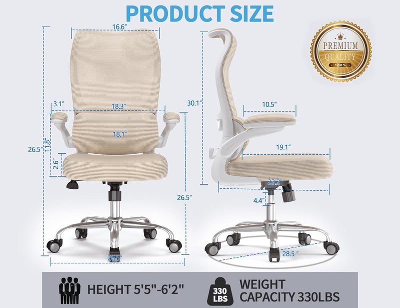 TRALT Ergonomic Office Chair - Desk Chair with Wave High Back Adjustable Lumbar Support Computer Chair - Gaming Chairs Mesh Backrest and PU Leather Seat for Home Reading Chairs to Adults(Beige) - Image 2