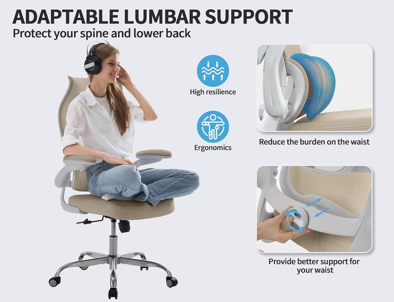 TRALT Ergonomic Office Chair - Desk Chair with Wave High Back Adjustable Lumbar Support Computer Chair - Gaming Chairs Mesh Backrest and PU Leather Seat for Home Reading Chairs to Adults(Beige) - Image 3