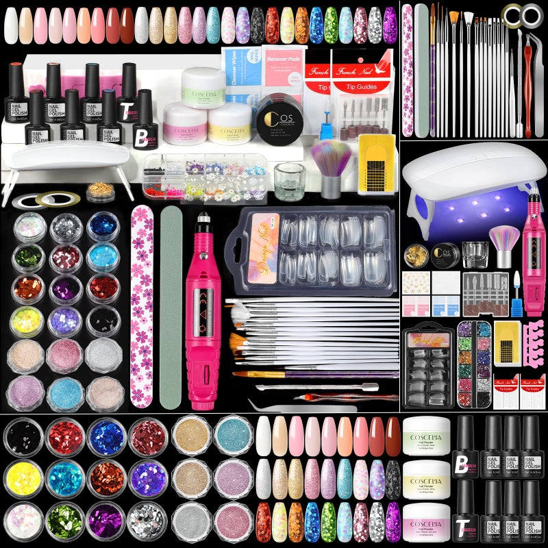 COSCELIA Acrylic Nail Kit for Beginners with Everything Professional Acrylics Powder 6pcs Gel Nail Polish 18pcs Glitter Decoration Powder Nails Kit Acrylic Set with Drill Light Gifts for Women - Image 1