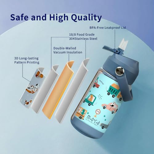 MOCA Kids Water Bottle 350ml | Hot&Cold Stainless Steel Sipper Bottle for Kids with Soft Nozzle |Boys & Girls Kids Leak-Proof Bottle for School & Travel | Non-Slip Base (Little Wheels) - Image 4