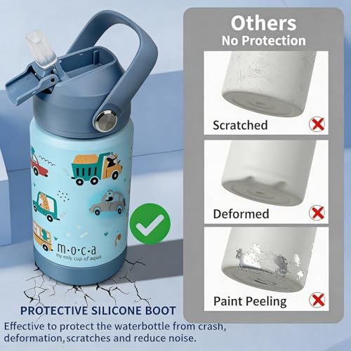 MOCA Kids Water Bottle 350ml | Hot&Cold Stainless Steel Sipper Bottle for Kids with Soft Nozzle |Boys & Girls Kids Leak-Proof Bottle for School & Travel | Non-Slip Base (Little Wheels) - Image 3