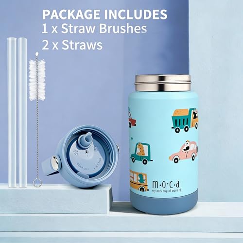 MOCA Kids Water Bottle 350ml | Hot&Cold Stainless Steel Sipper Bottle for Kids with Soft Nozzle |Boys & Girls Kids Leak-Proof Bottle for School & Travel | Non-Slip Base (Little Wheels) - Image 2