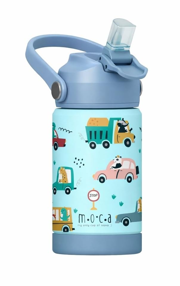 MOCA Kids Water Bottle 350ml | Hot&Cold Stainless Steel Sipper Bottle for Kids with Soft Nozzle |Boys & Girls Kids Leak-Proof Bottle for School & Travel | Non-Slip Base (Little Wheels) - Image 1