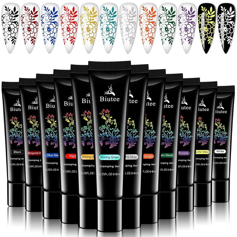 SEISSO Stamping Nail Polish Gels, 12 Colors Stamping Gels 0.25 Fl Oz Soak Off Printed Gel UV Stamp Nail Gel for Nail Stamp Plate Stamper DIY Nail Art Design - Image 1