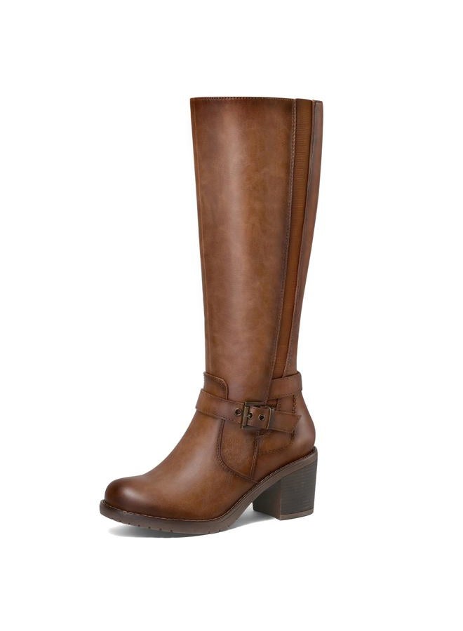 mysoft Women's Knee High Boots Chunky Block Heels with Side Zipper and Stretchy Elastic Panels - Image 1