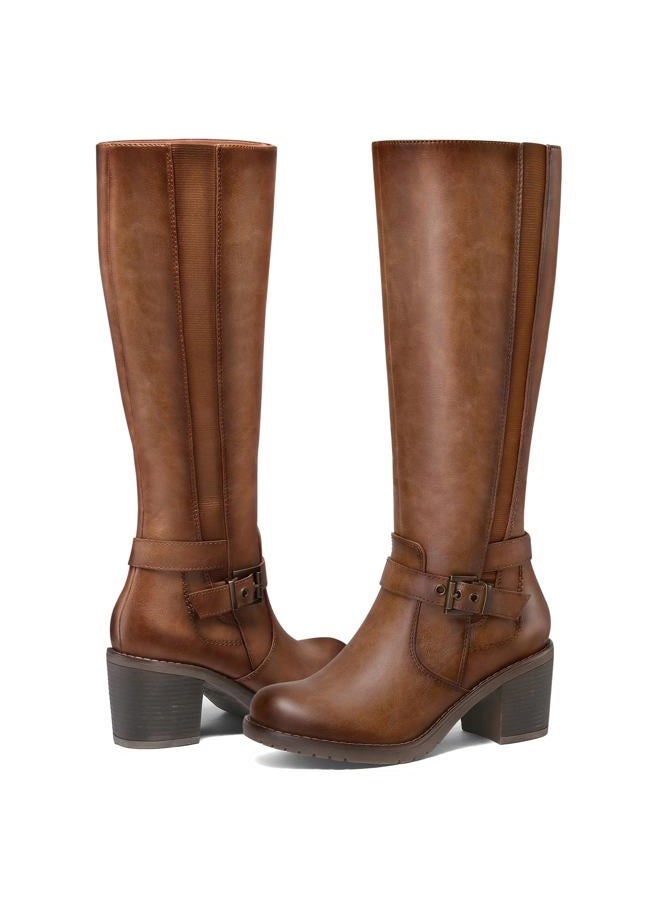 mysoft Women's Knee High Boots Chunky Block Heels with Side Zipper and Stretchy Elastic Panels - Image 4