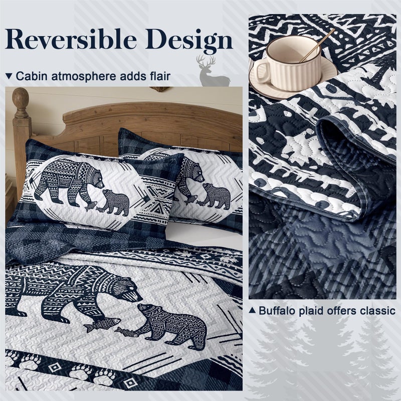 Tritard 3 Piece Cabin King Size Quilt Sets Farmhouse Rustic Reversible Microfiber Soft Lightweight Bedspread Comforter with 2 Shams Patchwork Country Lodge Bedding Quilts Set for All Season, 106''x96'', Blue - Image 5