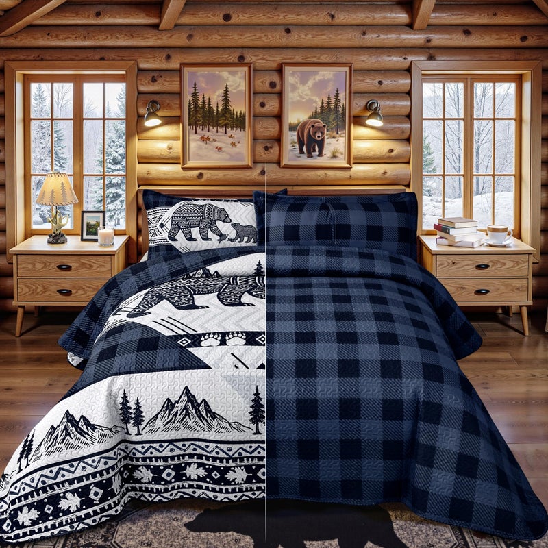 Tritard 3 Piece Cabin King Size Quilt Sets Farmhouse Rustic Reversible Microfiber Soft Lightweight Bedspread Comforter with 2 Shams Patchwork Country Lodge Bedding Quilts Set for All Season, 106''x96'', Blue - Image 4