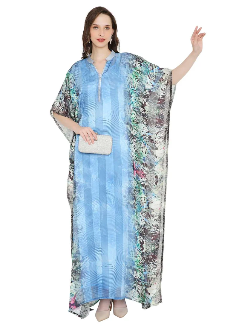 HANA & SARA SATIN SILK STRIPE PRINTED FARASHA KAFTAN JALABIYA WITH HIGH NECK COLLAR