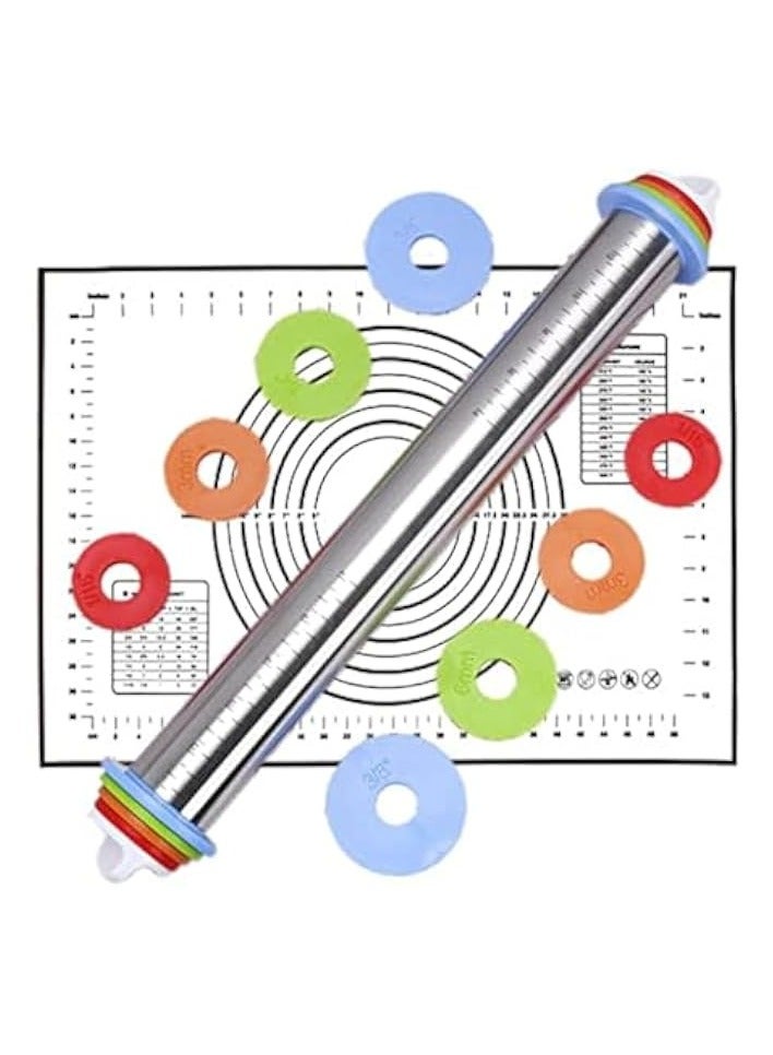 Green Tiger Stainless Steel Rolling Pin and Baking Pastry Mat Set, Adjustable Rolling Pin with Thickness Rings, Dough Roller Pins with Silicone Non Stick Mat for Dough - Image 1