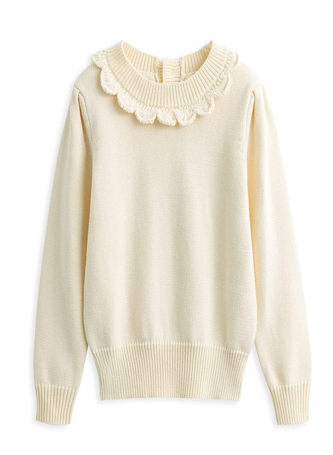 Curipeer Toddler Girls Knit Sweater Long Sleeve Crewneck Solid Pullover Knit Tops A-White - Image 1