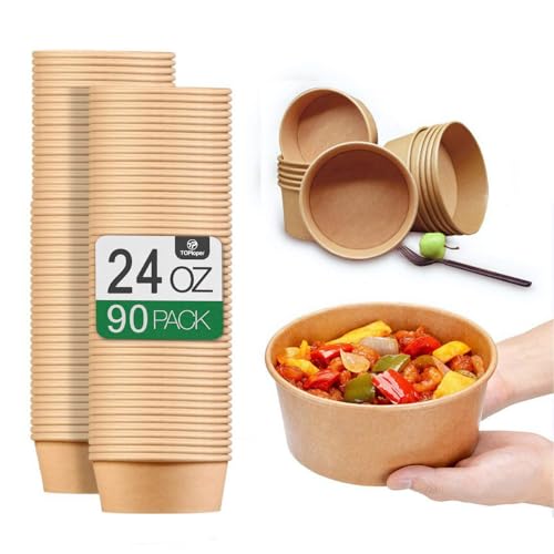 TOPtoper 24 Oz Large Paper Bowls【WITHOUT LIDS】 90 Pack Disposable Soup Bowls Plastic Free Party Supplies for Hot/Cold Food, Soup (24 OZ) - Image 1