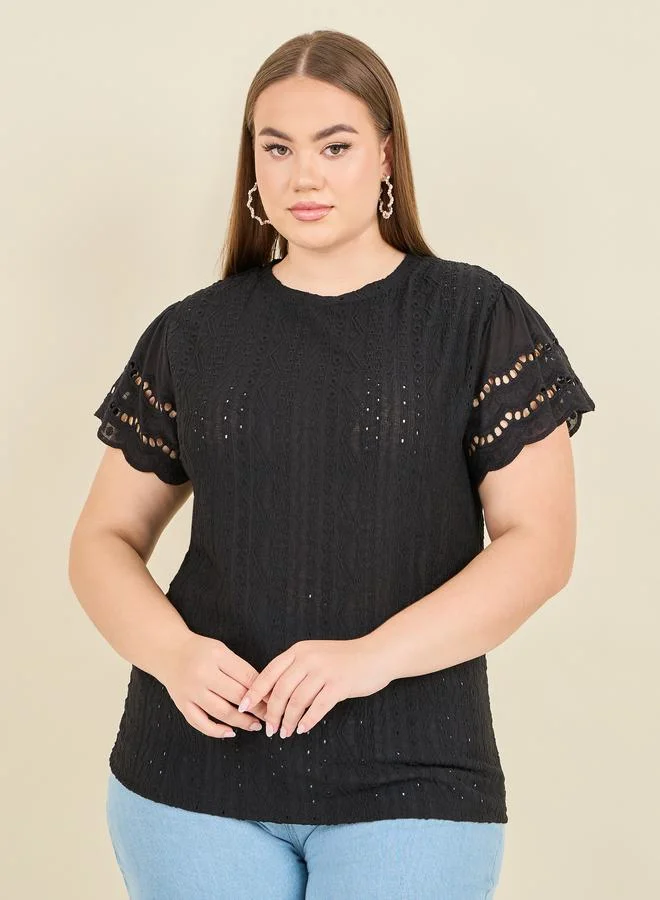 Styli Plus Broderie Woven Regular Fit T-shirt