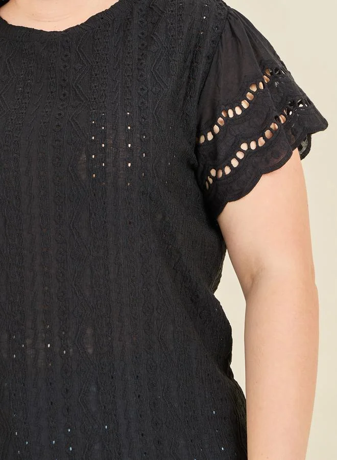 Styli Plus Broderie Woven Regular Fit T-shirt