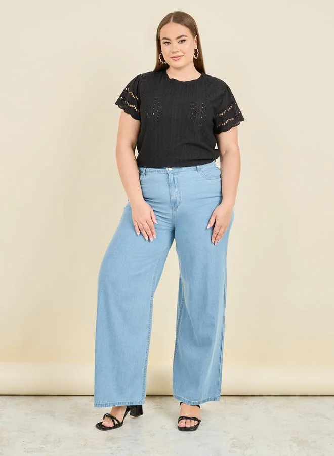 Styli Plus Broderie Woven Regular Fit T-shirt