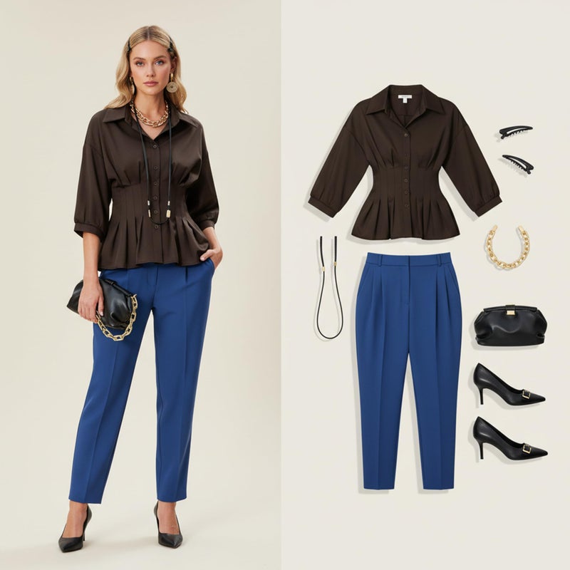 Nlife Women Brown Pleated Peplum Blouse 3/4 Sleeve Button Down Cinched Waist Shirt Fitted Flattering Office Daytime Top - Image 2