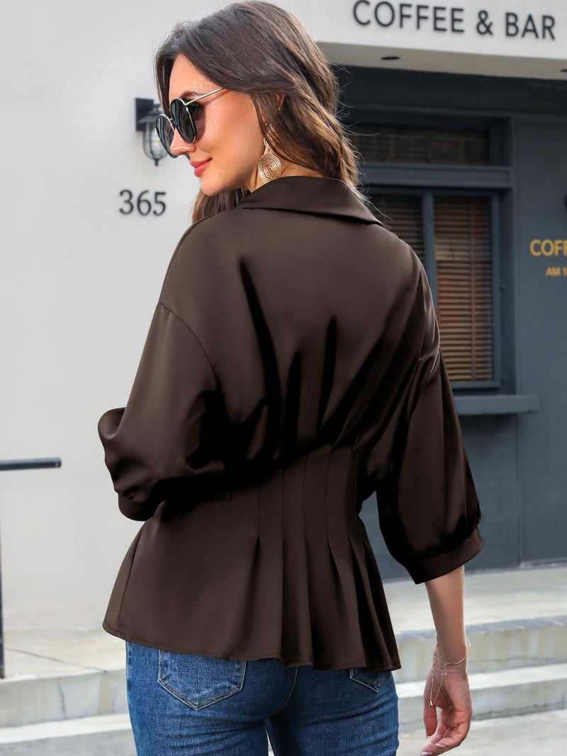 Nlife Women Brown Pleated Peplum Blouse 3/4 Sleeve Button Down Cinched Waist Shirt Fitted Flattering Office Daytime Top - Image 4