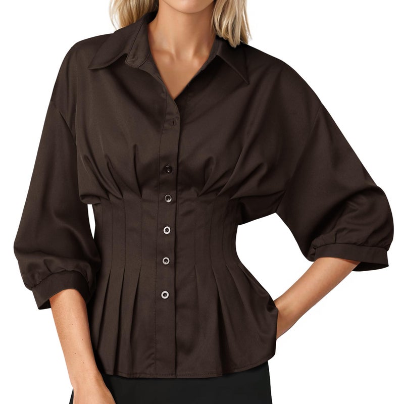 Nlife Women Brown Pleated Peplum Blouse 3/4 Sleeve Button Down Cinched Waist Shirt Fitted Flattering Office Daytime Top - Image 1