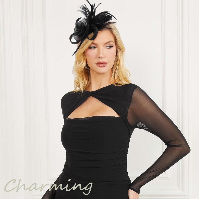 DRESHOW Fascinators Hat Flower Mesh Ribbons Feathers on a Headband and a Clip Tea Party Headwear for Girls and Women - Image 2