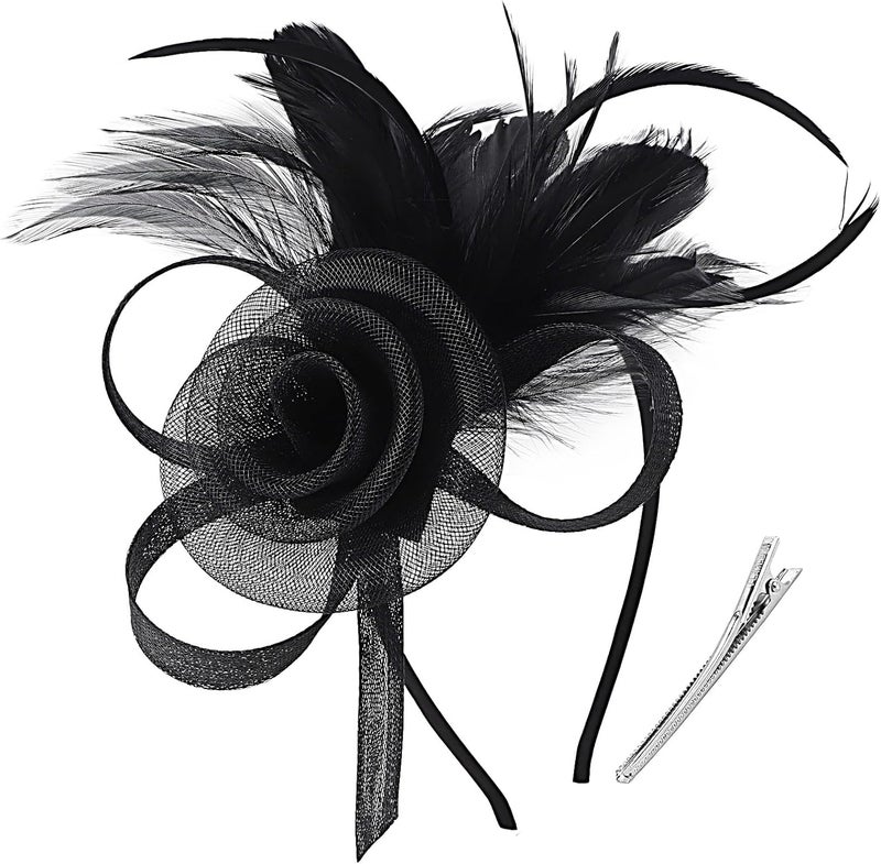 DRESHOW Fascinators Hat Flower Mesh Ribbons Feathers on a Headband and a Clip Tea Party Headwear for Girls and Women - Image 1