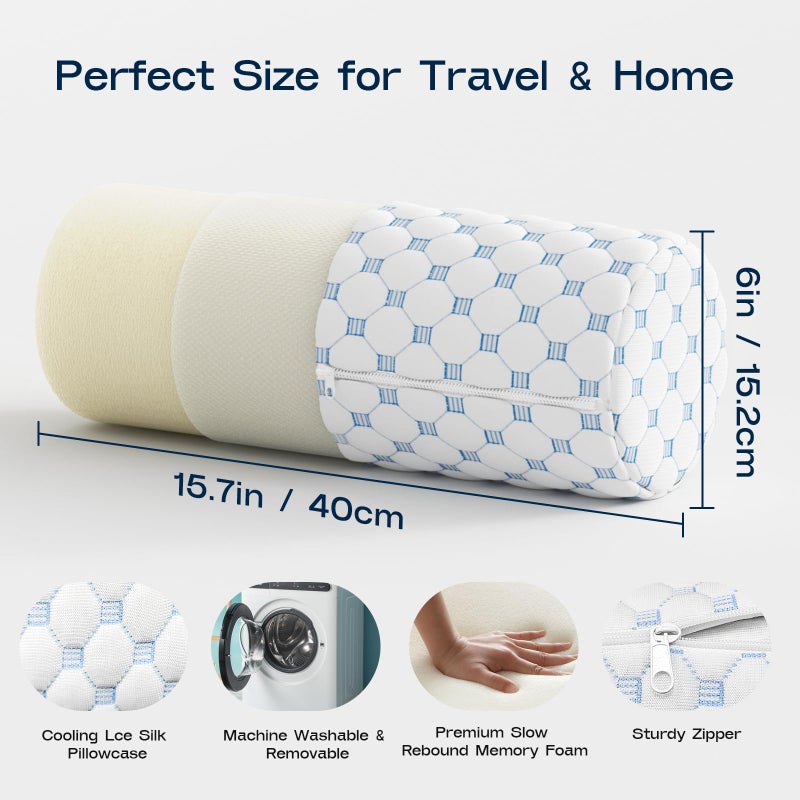 Forcanby Neck Roll Pillow for Neck Pain Relief - Memory Foam Neck Support Pillow for Bed | Round Neck Pillow for Sleeping, 15.7 * 6 * 6 inch (Cool-Blue) - Image 2
