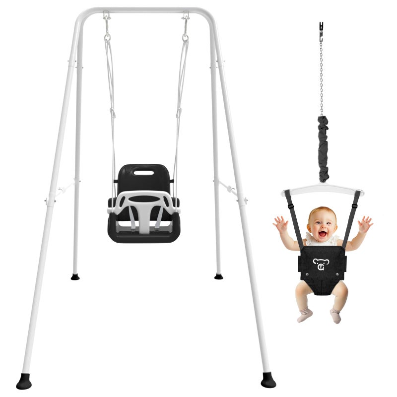 JWPEHOE 2 in 1 Toddler Swing Baby Jumper Foldable Baby Jumper with Soft Cushion Foldable Indoor Outdoor Use Easy to Install Store Swing Sets for Backyard Play Black - Image 2