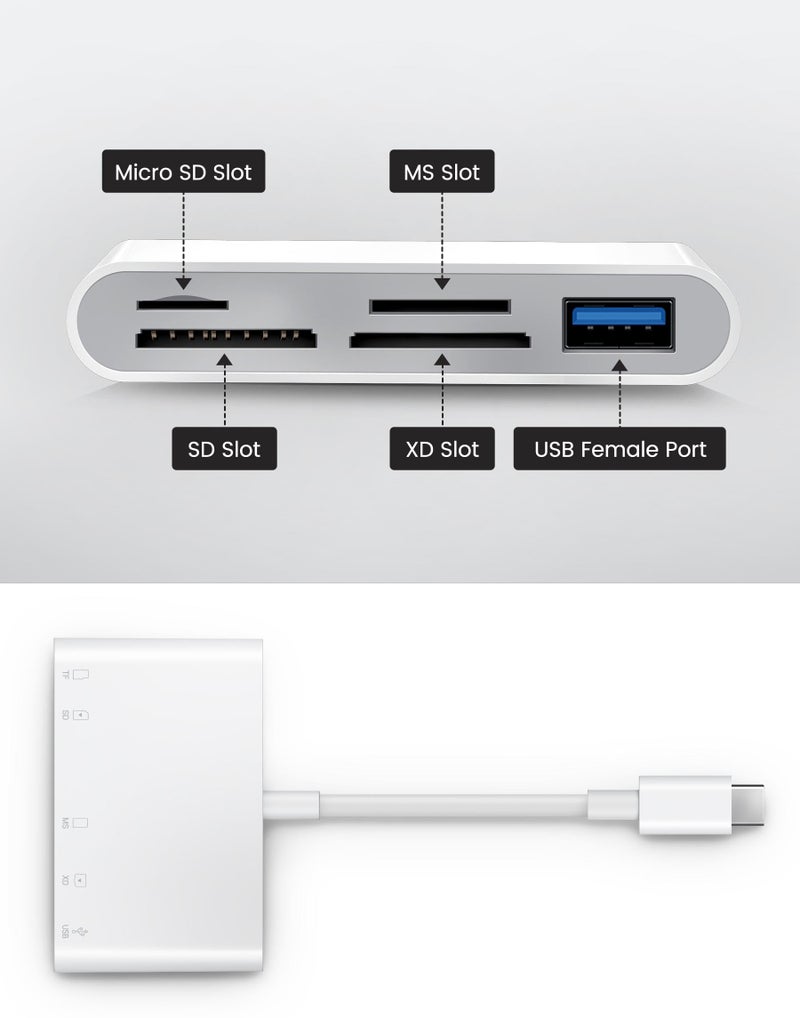 Oyuiasle USB C SD Card Reader, USB-C to SD MicroSD XD Picture MS Memory Stick Cards, Type C 5 Slots Memory Card Adapter for iPhone 15 iPad Mac Laptop MacBook and Android Galaxy More USBC Devices - Image 2