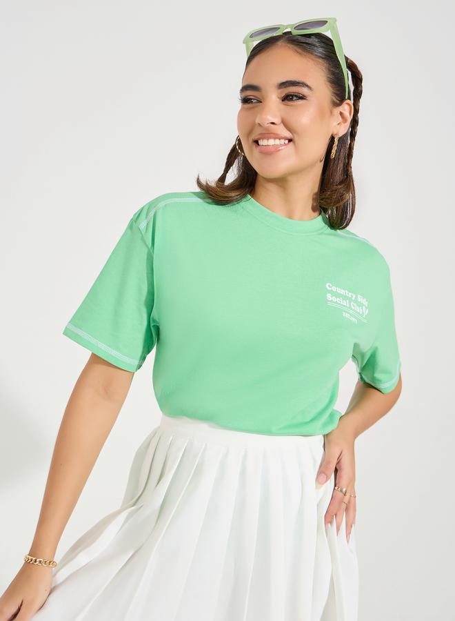 Styli Oversized Slogan Print Contrast Stitch T-Shirt with Dropped Shoulder  - Image 1
