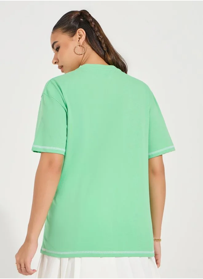 Styli Oversized Slogan Print Contrast Stitch T-Shirt with Dropped Shoulder