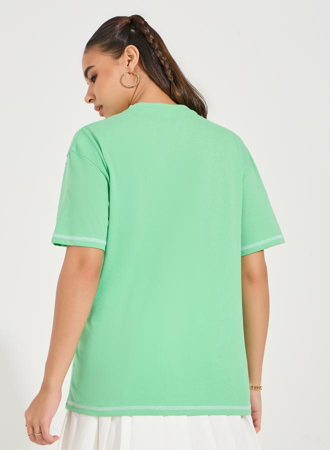 Styli Oversized Slogan Print Contrast Stitch T-Shirt with Dropped Shoulder  - Image 5