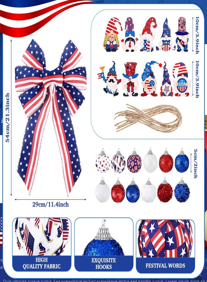 Halfchet 43 Pcs Independence Day Tree Decorations Tree Ornaments Independence Day Tree Topper Hat Gnome Star Ribbon Ball Flower Hanging Ornaments for Home Table Tree Party - Image 3