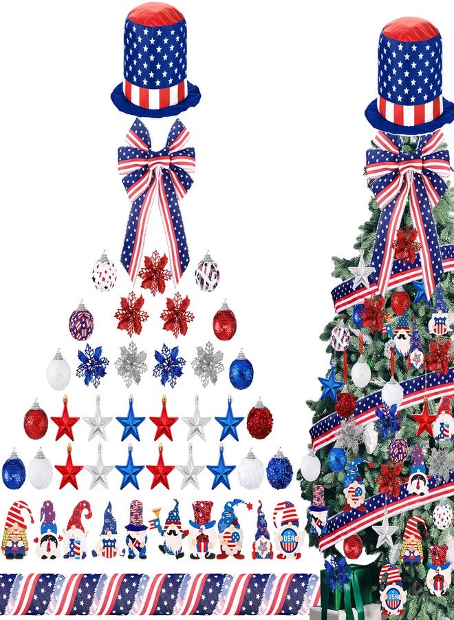 Halfchet 43 Pcs Independence Day Tree Decorations Tree Ornaments Independence Day Tree Topper Hat Gnome Star Ribbon Ball Flower Hanging Ornaments for Home Table Tree Party - Image 1