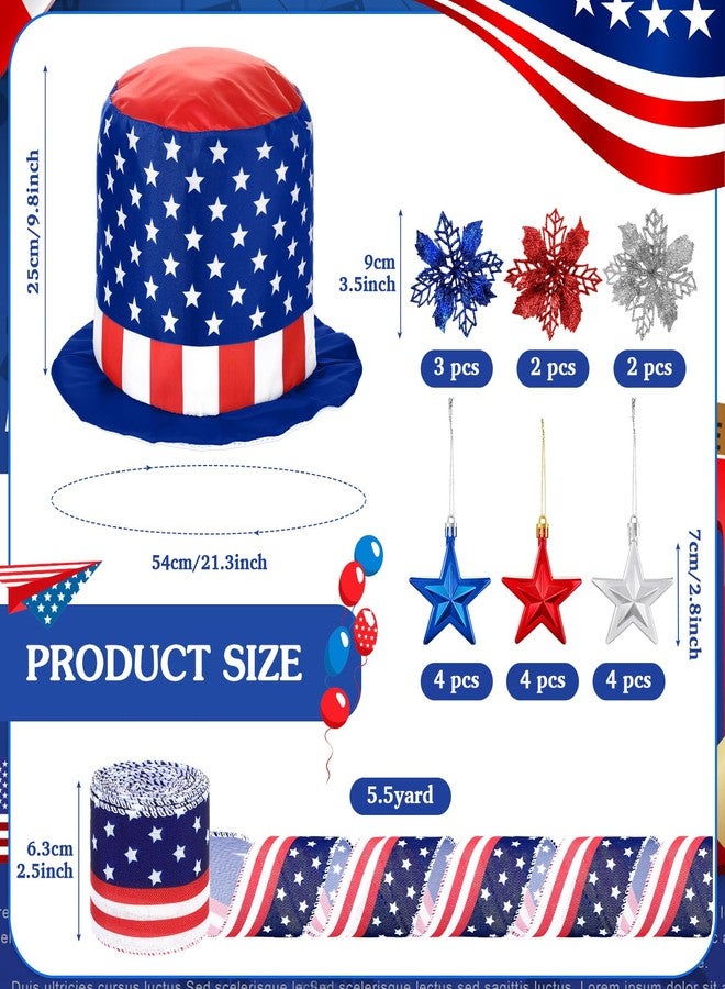 Halfchet 43 Pcs Independence Day Tree Decorations Tree Ornaments Independence Day Tree Topper Hat Gnome Star Ribbon Ball Flower Hanging Ornaments for Home Table Tree Party - Image 2