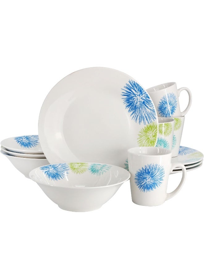 Gibson Home Blue Meadow 12 Piece Fine Ceramic Dinnerware Set in White with Colored Accents - Image 1