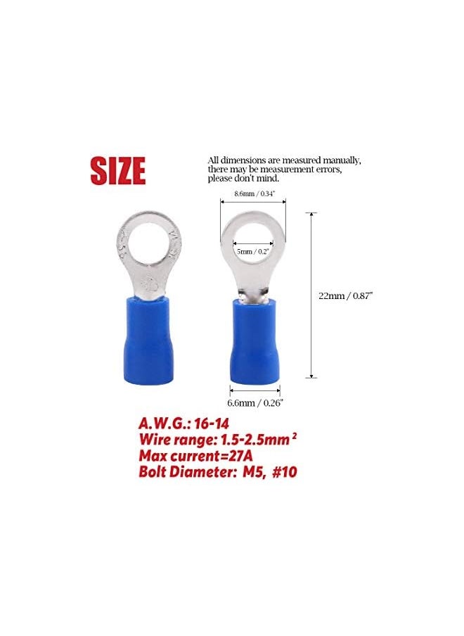 The Bros 100Pcs 16-14AWG Insulated Terminals Ring Electrical Wire Crimp Connectors (Blue, M5)  - Image 2