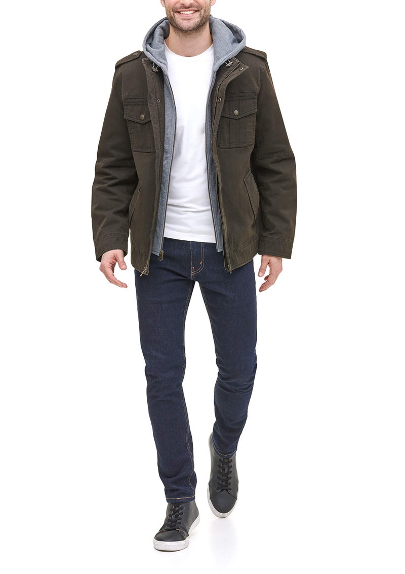 Levi's Men's Washed Cotton Military Jacket with Removable Hood (Standard and Big & Tall), Dark Brown/Polytwill Lined, Large - Image 4