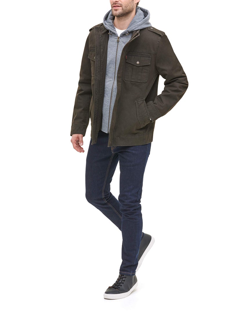 Levi's Men's Washed Cotton Military Jacket with Removable Hood (Standard and Big & Tall), Dark Brown/Polytwill Lined, Large - Image 3