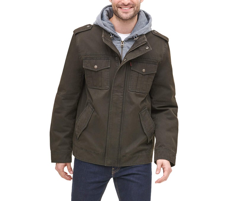 Levi's Men's Washed Cotton Military Jacket with Removable Hood (Standard and Big & Tall), Dark Brown/Polytwill Lined, Large - Image 1