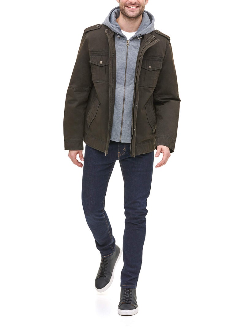 Levi's Men's Washed Cotton Military Jacket with Removable Hood (Standard and Big & Tall), Dark Brown/Polytwill Lined, Large - Image 2