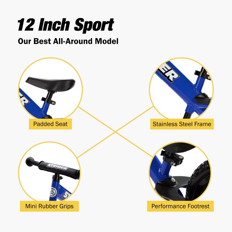 STRIDER دراجة سترادر الرياضية 12 بوصة، زرقاء - دراجة توازن بدون دواسات للأطفال من 1 إلى 4 سنوات - تشمل وسادة أمان، مقعد مبطن، مقابض صغيرة وإطارات خالية من الهواء - تجميع وتعديلات بدون أدوات - Image 3