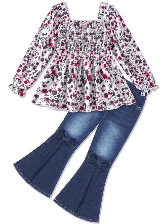 Perdeca Toddler Girl Fall Outfits Floral Square Neck Shirts Flared Jeans Toddler Girl Clothes 2T 3T - Image 1
