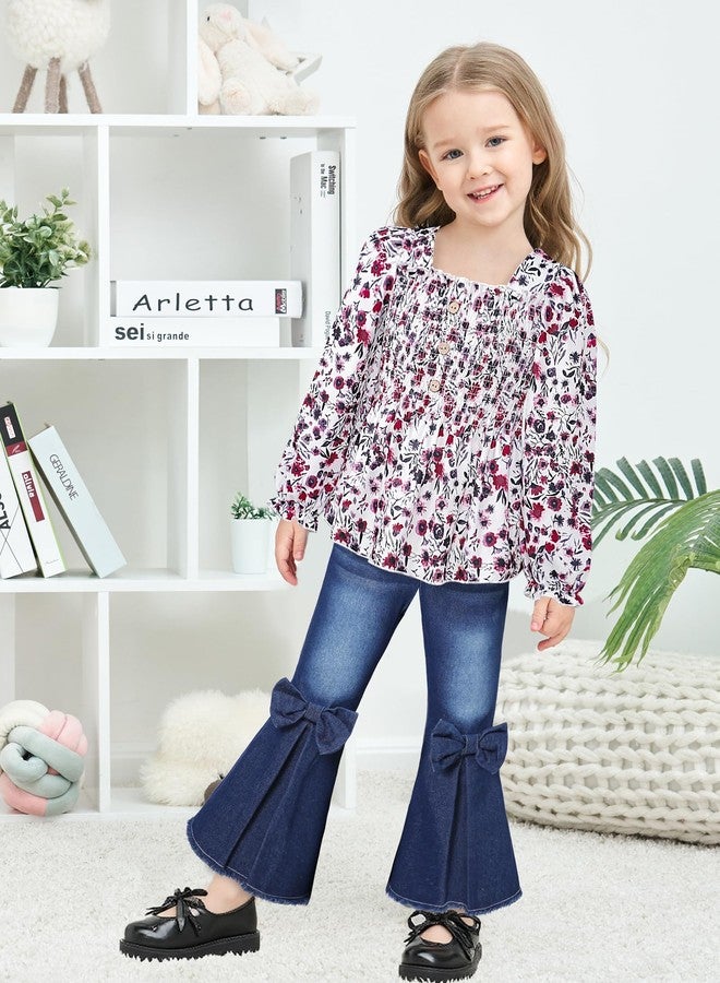 Perdeca Toddler Girl Fall Outfits Floral Square Neck Shirts Flared Jeans Toddler Girl Clothes 2T 3T - Image 3