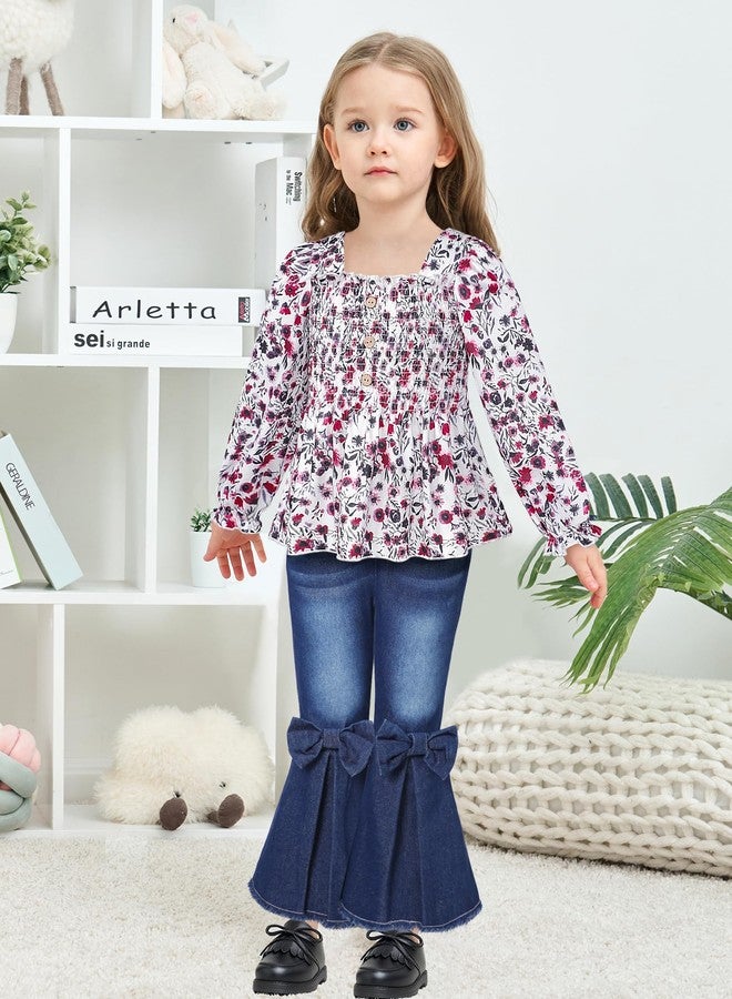 Perdeca Toddler Girl Fall Outfits Floral Square Neck Shirts Flared Jeans Toddler Girl Clothes 2T 3T - Image 2