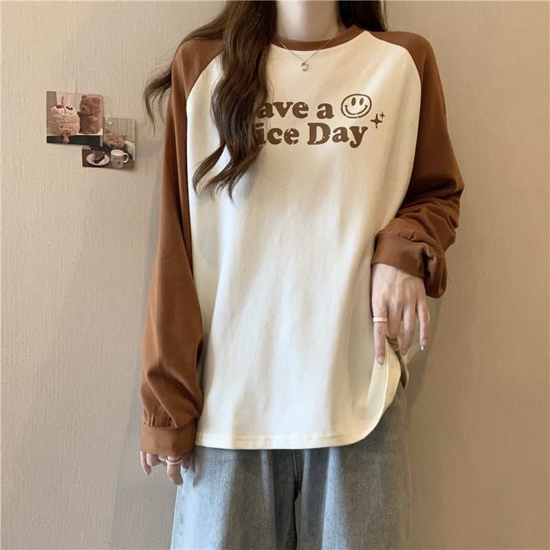 Foreign trade American retro stitching lazy style loose letter printing autumn round neck real shot long sleeve top female foreign trade Brown