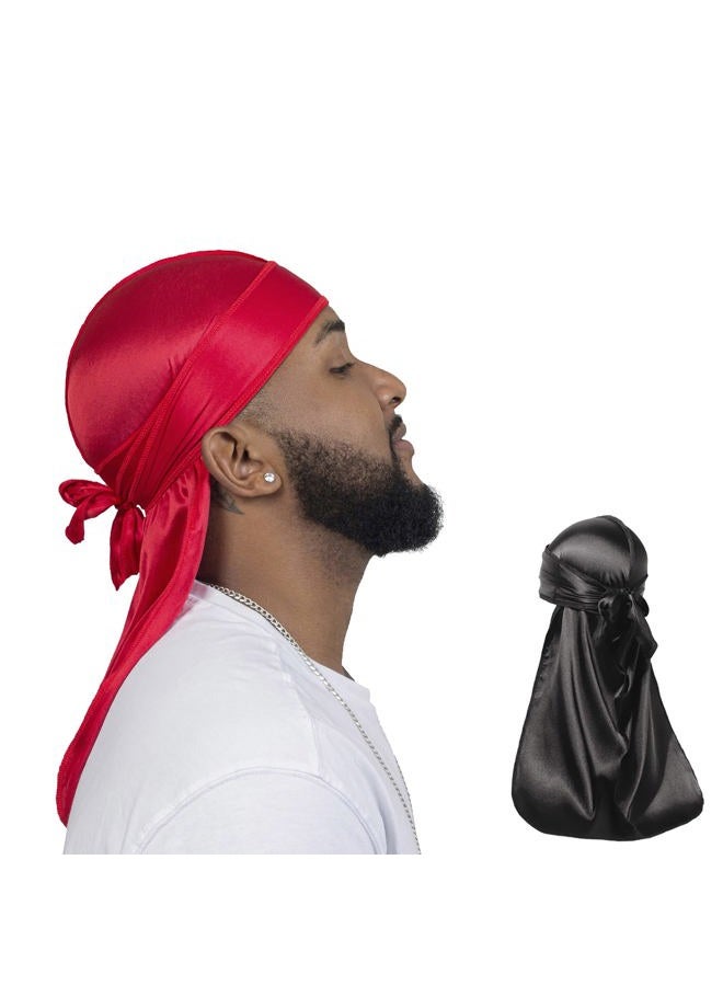 ForceWave 2 Pieces Silky Durag Pack for Men Women Waves, Premium Satin Deluxe Du-rag (Black Red) - Image 1