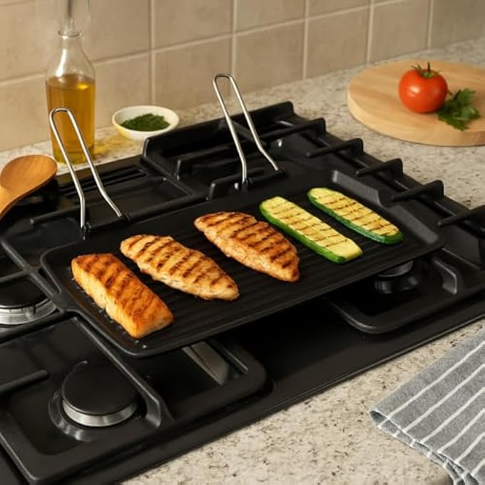 BS Cast Iron Grill Pan 28X50Cm  HeavyDuty Bbq Grill With Grooved Surface  Durable NonStick Coating  Wooden Handle  IndoorOutdoor Kitchen Accessory  Gas  Stove Compatible - Image 3