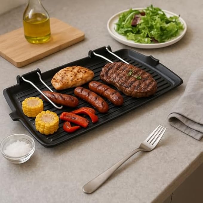 BS Cast Iron Grill Pan 28X50Cm  HeavyDuty Bbq Grill With Grooved Surface  Durable NonStick Coating  Wooden Handle  IndoorOutdoor Kitchen Accessory  Gas  Stove Compatible - Image 4