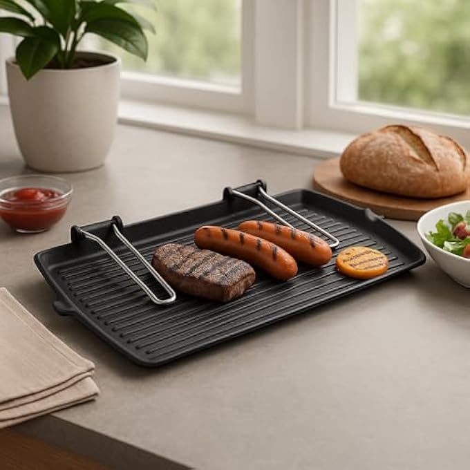 BS Cast Iron Grill Pan 28X50Cm  HeavyDuty Bbq Grill With Grooved Surface  Durable NonStick Coating  Wooden Handle  IndoorOutdoor Kitchen Accessory  Gas  Stove Compatible - Image 2